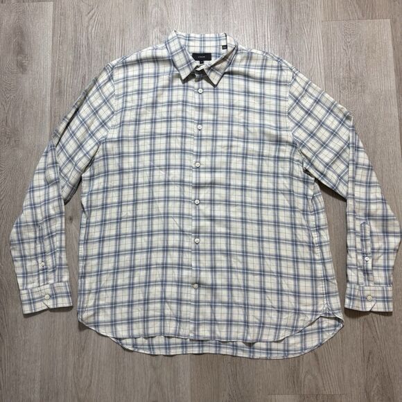 Vince Shirt Mens 2XL White Blue Plaid Flannel‎ L/S Button Up Classic Fit - Picture 1 of 9